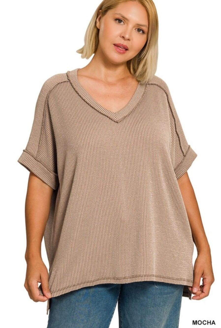 Zenana Mocha Oversized V-Neck Short Sleeve Top – Size 2X/3X